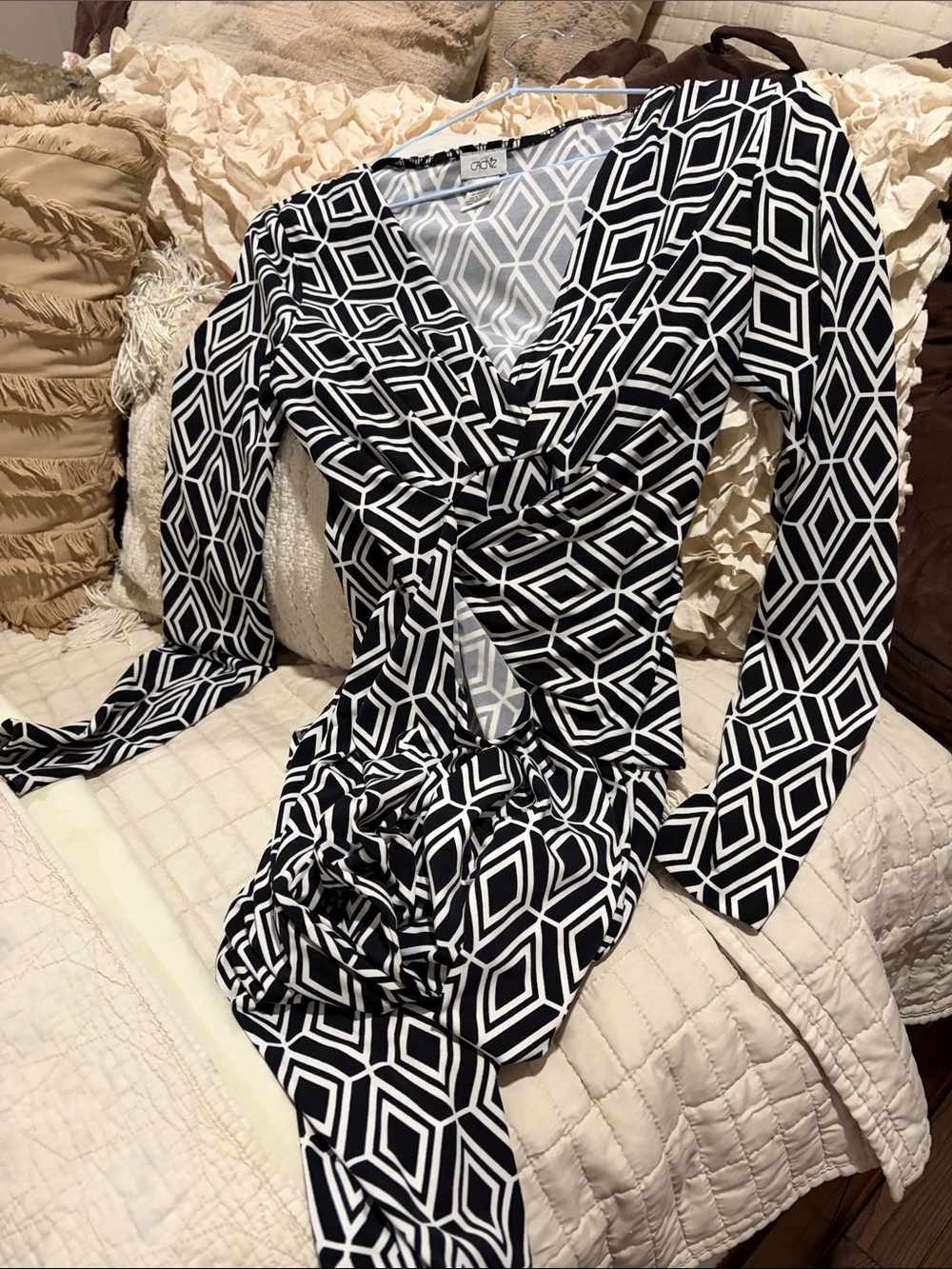 Cache Black and White Long Sleeve Geometric Wrap Dress